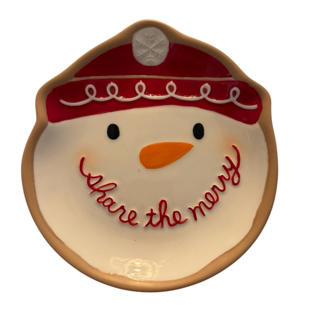 Hallmark Share the Merry Snowman Shaped Cookie Plate Red White Holiday Ceramic